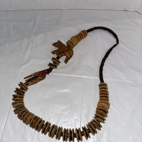 Wooden Animal Bead Necklace With Hand-Carved Giraffe & Elephant Coconut Beads - Picture 3 of 5